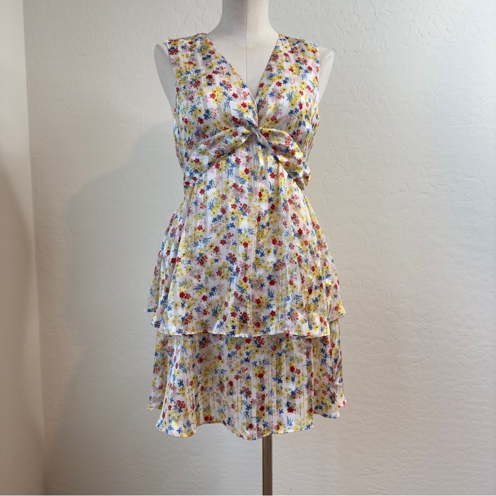 Banana Republic White Floral V-Neck Dress with Red, Yellow, and Blue Flowers